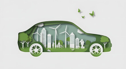 Eco-city inside a car Paper-cut art of sustainable urban life and nature