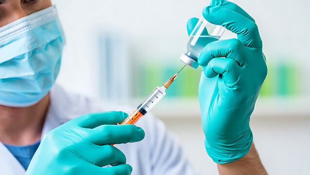 Medical professional preparing injection from vial healthcare syringe