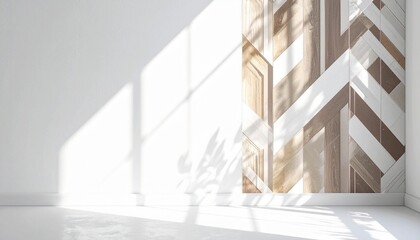 An elegant white wall featuring a brown-gold maze pattern, beautifully illuminated by sunlight and leaf shadows, designed for high-end product backgrounds and minimalist interior styling in 3D render