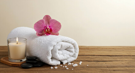 Relaxing spa setup with towel, candle, and orchids on wooden surface inviting tranquility and comfort, copy space on the right