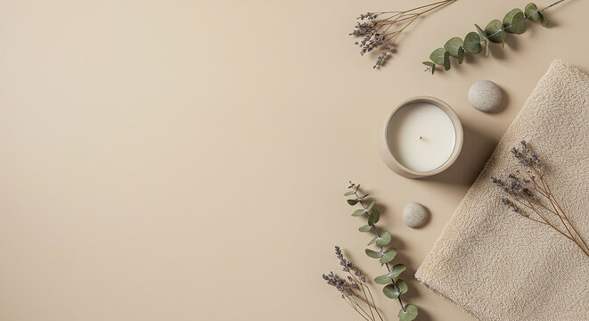 Relaxing spa setup with towel, candle, and natural elements for a soothing experience, copy space on the left