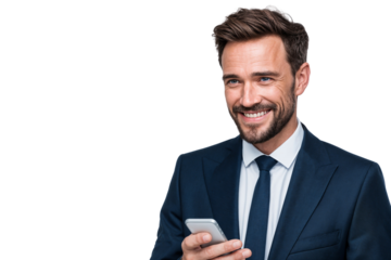 Successful smiling businessman in a suit holding a mobile phone, isolated on transparent background with copy space