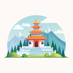 Colorful Pagoda with Mountain Backdrop Depicting Serene Landscape Scene
