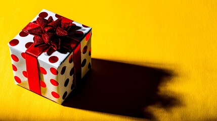 Gift box with red ribbon and white polka dots on a yellow background.