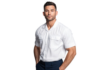 Fototapeta premium Confident handsome man in a white short-sleeved shirt and dark trousers posing with hands in pockets against a transparent background. Professional, stylish, and casual wear