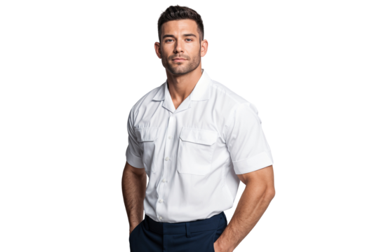 Confident handsome man in a white short-sleeved shirt and dark trousers posing with hands in pockets against a transparent background. Professional, stylish, and casual wear