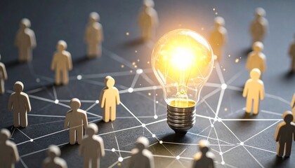 Glowing light bulb at center of human network—symbol of shared ideas and innovation