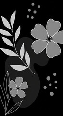 Elegant vertical floral background with modern abstract flowers, leaves, and shapes in a monochrome black and white design