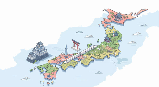 Isometric illustration of a map of Japan featuring famous landmarks, a bullet train, and cultural icons.