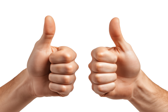 Two human hands giving thumbs up gesture against black background isolated on a transparent background 3