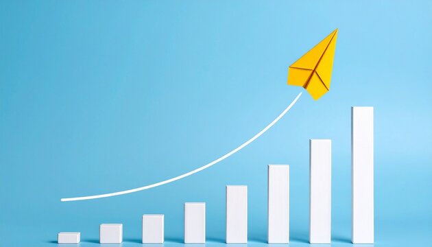 Yellow paper airplane soaring above rising bar graph on blue background—symbol of growth and progress
