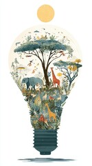 African savanna ecosystem inside lightbulb; sun above; environmental conservation concept