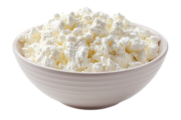 White bowl filled with fresh cottage cheese isolated on a transparent background dairy food