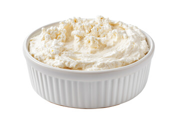 White ceramic bowl filled with creamy textured cottage cheese isolated on a transparent background dairy