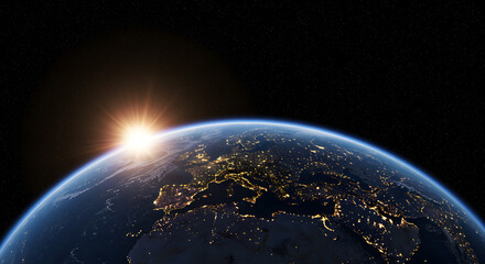 view of planet Earth from space during sunrise
