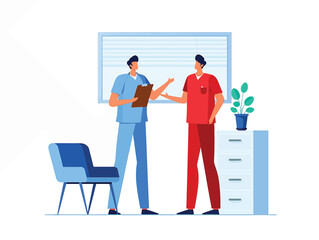 Medical professionals in scrubs discussing a patient case in a clinic. Vector illustration of healthcare teamwork.