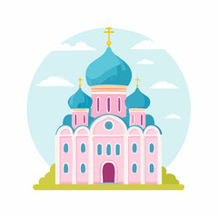Fototapeta premium Colorful Cartoon Illustration of a Russian Orthodox Church with Blue Domes