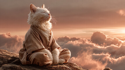 Zen Cat Meditating Atop Mountain Above Clouds In Robe At Sunset