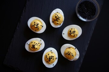 Deviled Eggs Elegance A Tempting Display of Flavorful Bites on Dark Surface