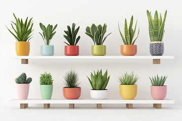 Fototapeta premium A variety of potted plants in different colors and sizes are arranged on white shelves
