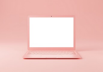 Pink laptop with a blank white screen on a pastel pink background