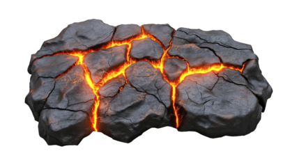 Cracked volcanic rock surface with glowing lava fissures, isolated on white or transparent background. Ideal for nature, heat, geology, or dramatic design use.