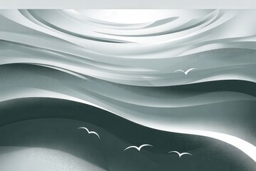Abstract serene ocean waves with silhouetted birds under a radiant sky