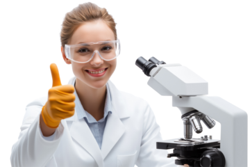 Woman scientist in lab coat and goggles gives thumbs up next to microscope isolated on a transparent background