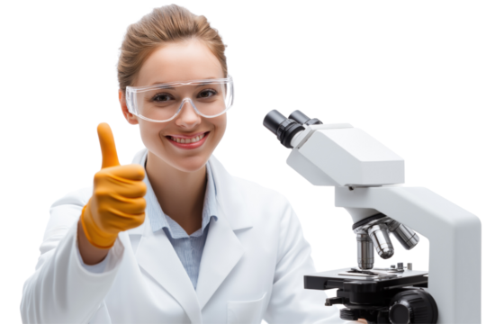 Woman scientist in lab coat and goggles gives thumbs up next to microscope isolated on a transparent background