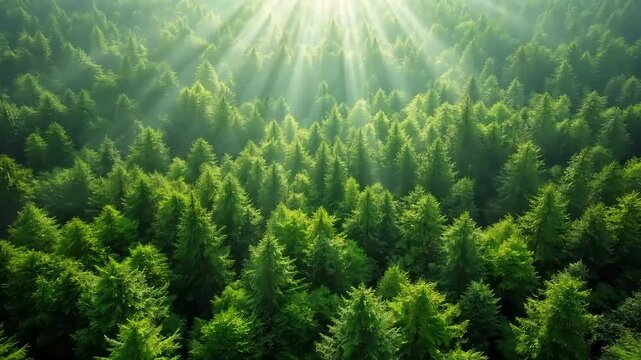 Morning sun rays shining through green forest trees in a peaceful woodland landscape 

high quality HD videos footages