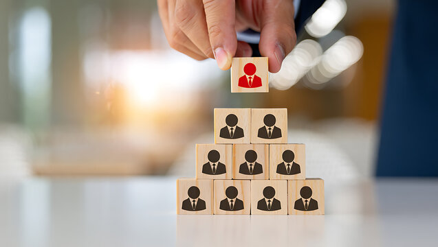 Person icon wooden blocks hierarchy building business team - Powered by Adobe