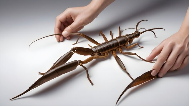 Giant Australian Stick Insect with Human Hand for Size Comparison &ndash; Realistic Studio View