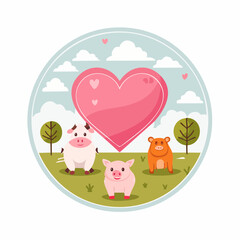 Tierfreundlich-Siegel mit Kuh, Schwein und Herz &ndash; flache Vektorillustration