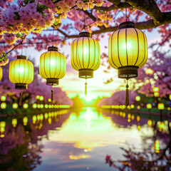 Cluster of Lanterns and Blooming Cherry Branches Overlooking Calm Water at Sunset