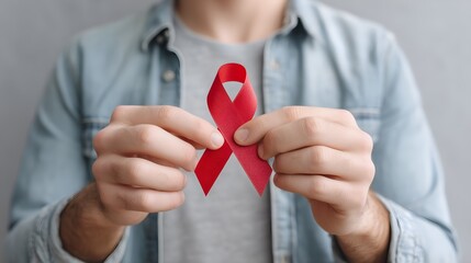 Man holding an awareness ribbon for AIDS in support of World AIDS Day and prevention efforts