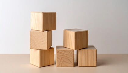 Minimal wooden cube stacks on neutral background, arranged asymmetrically