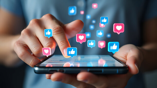 Person interacting with social media notifications on a smartphone technology like - Powered by Adobe