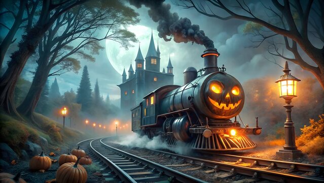Photo of a spooky halloween steam train with a jackolantern face chugs through a dark, foggy forest at night, with a haunted castle in the background and glowing lights