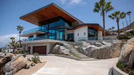 Fototapeta premium Modern coastal home nestled amidst rocks.