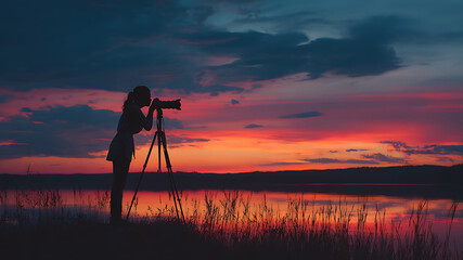 Silhouette of photographer capturing vibrant sunset over tranquil lake