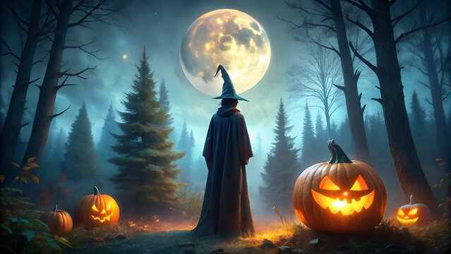 Photo of a lone witch in a hooded cloak stands in a dark, misty forest under a large full moon, surrounded by glowing jackolanterns, evoking a mysterious and spooky halloween night
