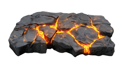 Cracked volcanic rock surface with glowing lava fissures, isolated on a white or transparent background. Great for geology, nature, heat, and science themes.