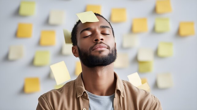 Stressed businessman meditating for workflow solutions with sticky notes brain dump for creative inspiration