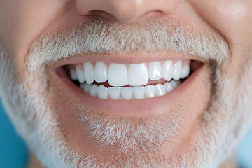 Obraz premium Close-up of a man's smile showcasing bright, white teeth and a neatly trimmed, gray beard. The focus is on dental health and a confident, healthy appearance.