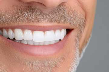 Obraz premium Close-up of a smiling man with perfect white teeth. The focus is on his bright, healthy smile and well-groomed appearance. Dental care concept.