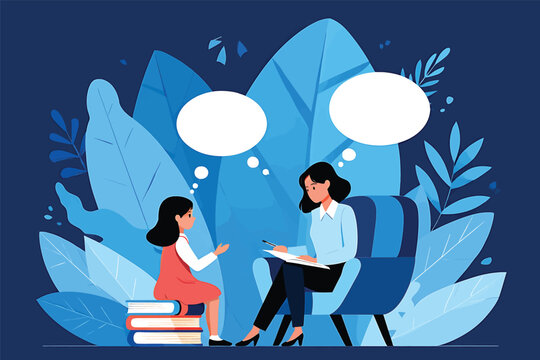 Child psychology session with a female psychologist and a girl patient vector illustration.