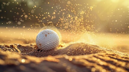 Golf ball in sandy trap golden light