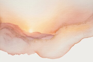 A delicate watercolor painting features soft peach, pink, and orange hues
