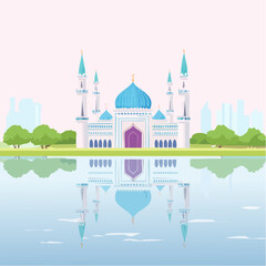 Obraz premium Colorful Mosque with Reflection, Illustrating Architectural Beauty and Symmetry.