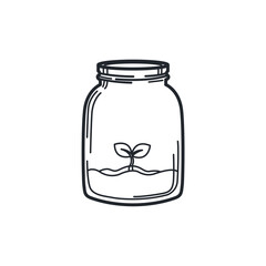A small green sprout growing inside a glass jar. Symbolizes indoor gardening, new life, growth, and sustainable ecosystems.